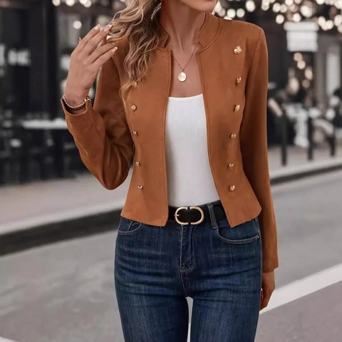Dames Slim Fit Faux Suède Blazer Jas Opstaande Kraag Double Breasted Gouden Knopen Lange Mouwen Korte Jas