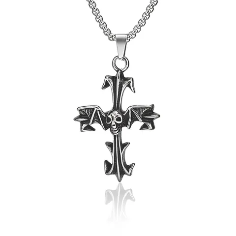 Gotische Totenkopf Fledermaus Flügel Kreuz Anhänger Halskette Edelstahl Punk Hip Hop Schmuck Halloween Retro Accessoire