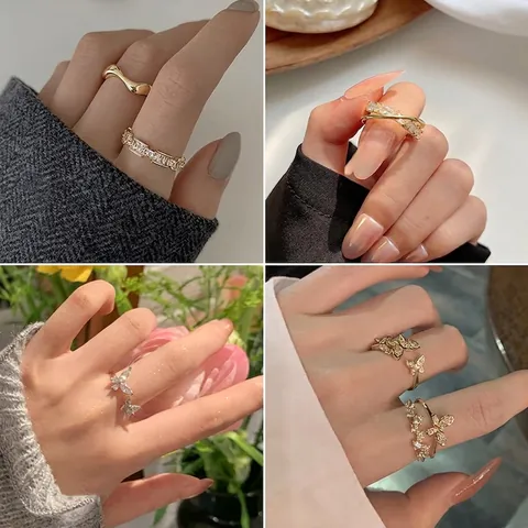 Fashion Zircon Adjustable Open Rings Alloy Butterfly Snake Flower Layered Statement Jewelry For Women