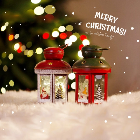 Christmas Retro Lantern LED Light Candle Holder Metal Iron Glass Santa Snowman Painted Pattern Festive Tabletop Decoration
