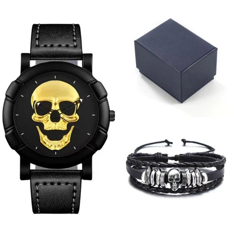 Men Quartz Watch Large Dial Skull Design Punk Hip Hop Style Faux Leather Strap And Braided Bracelet