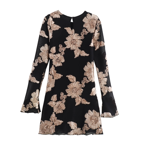 Sexy Slim Fit Bodycon Mini Jurk Lange Mouwen Ronde Hals Mesh Bloemenborduurwerk Elegante Hoge Taille