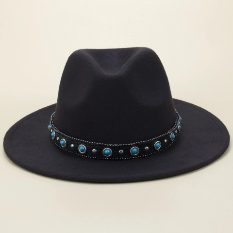 Fedora Hat Wool Felt Wide Brim Bohemian Western Cowboy Style With Turquoise And Rivet Decor Band For Unisex