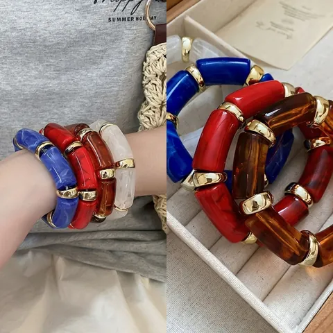 Bamboo Joint Bracelet Acrylic Resin Marble Texture With Alloy Metal Rings Elastic Stretch Retro Bangle For Women