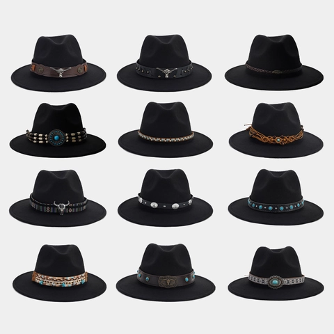 Vintage Black Wide Brim Fedora Hat Western Cowboy Jazz Hat with Ethnic Decorative Band Turquoise Bull Head For Women