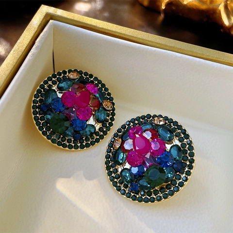 Vintage Round Ear Clips For Women Non Pierced Alloy Colorful Rhinestone Elegant Luxury Geometric Jewelry