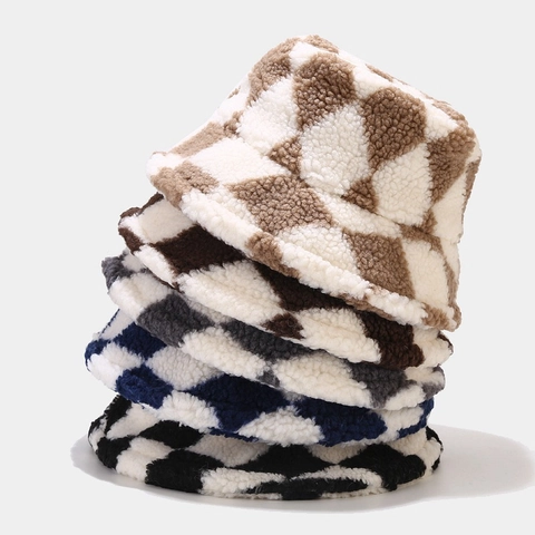 Cappello Alla Pescatora In Pile Sherpa Unisex Spesso Caldo Invernale Motivo A Scacchi Diamante Cappello In Peluche