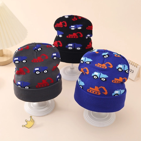 Peuter Baby Jongens Gebreide Beanie Muts Cartoon Graafmachine Bouwwagen Patroon Acryl Warm Winter Met Omslag