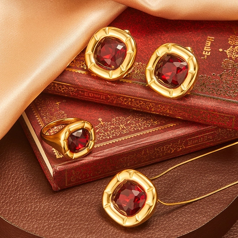 Rounded Square Zircon Jewelry Vintage 18K Gold Plated 316L Stainless Steel Geometric Necklace Ring Earrings For Women