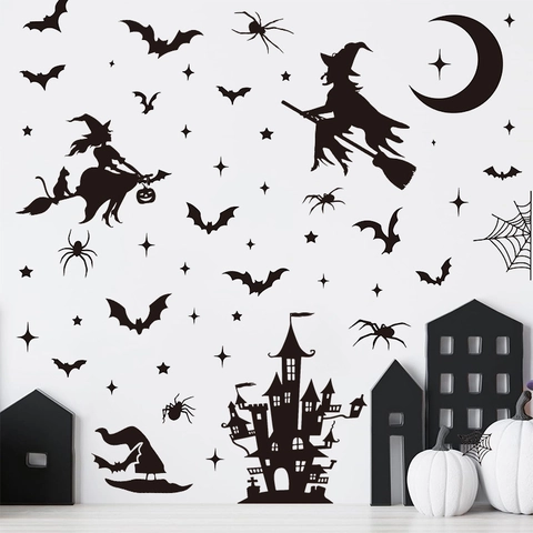 Halloween Wall Stickers Witch Bats Castle Black Silhouette PVC Removable Window Decals Home Holiday Party Decorations