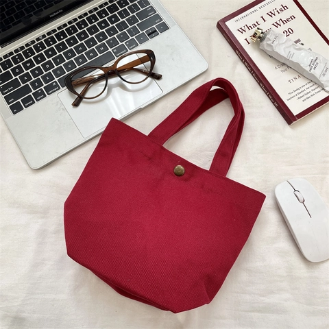 Wine Red Canvas Handbag Retro Copper Snap Button Lunch Tote Portable Travel Bag Solid Color Small Bag For Women