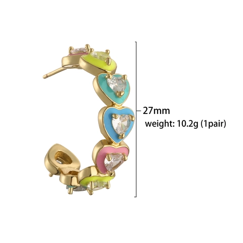 C Shaped Hoop Earrings Copper Gold Plated Heart Enamel Colorful Zirconia Inlay Sweet Trendy Jewelry For Women