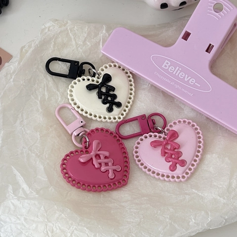 Heart Keychain Ribbon Bow Tie Balletcore Sweet Cool Lace Resin Plastic Hanging Accessory For Backpack Schoolbag Girls