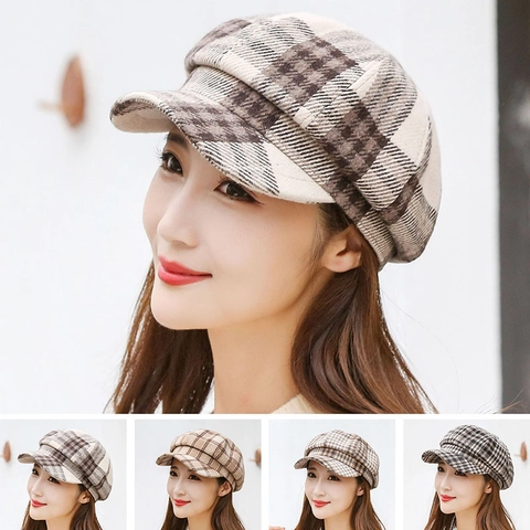 Cappello Ottagonale Retrò a Quadri da Donna Stile Britannico Berretto Newsboy in Misto Lana Basco Caldo Invernale