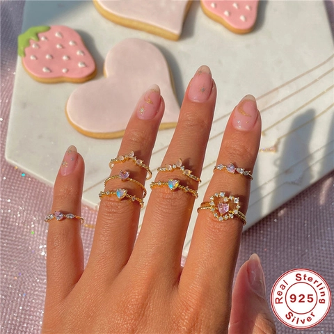 925 Sterling Silver Open Adjustable Ring With Heart Shape Colorful Cubic Zirconia Dainty Fashion Jewelry For Women