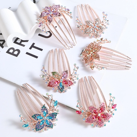 Rhinestone Flower Hair Comb Rose Gold Alloy Elegant Hair Stick Wedding Party Hair Accessories For Women