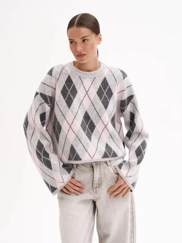 Pull En Tricot À Losanges Pour Femmes Col Rond Manches Longues Court Coton Polyester Rétro Décontracté