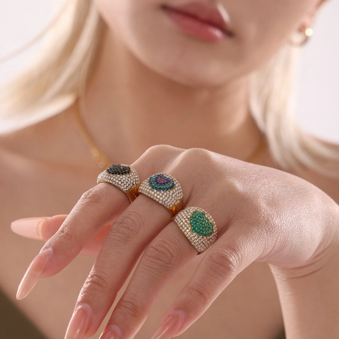 Luxus Edelstahl Herz Zirkon Ring Voll Diamant Pave 18K Vergoldet Mode Zeigefinger Ring Schmuck Für Damen