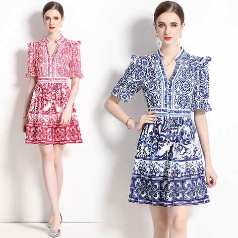 Elegante Retro Porselein Print Mini Jurk Polyester V Hals Uitlopende Korte Mouwen Enkele Rij Knopen A Lijn Voor Dames