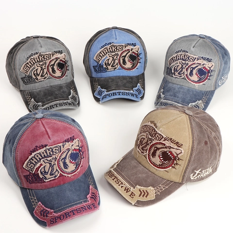 Cappellino Da Baseball Vintage In Cotone Lavato Con Ricamo Squalo Distrutto Retro Streetwear Unisex Regolabile Berretto