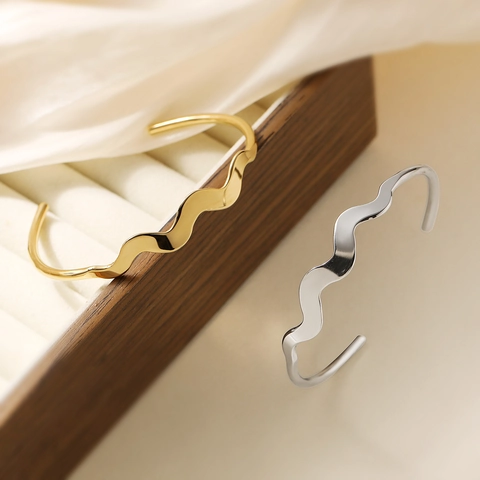 Brazalete Minimalista de Acero Inoxidable con Ondas para Mujer Chapado en Oro de 18K Plata Brazalete Abierto Irregular Joyería de Moda
