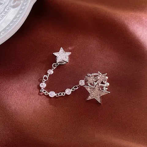 Pendientes De Clip Con Estrella Circonita Cobre Cadena De Borla Color Plata Sin Perforación Joyería De Moda Mujer
