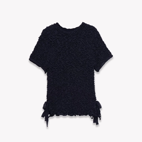 Top Punto Manga Corta Mujer Textura Palomitas Fruncido Cuello Redondo Lazo Lateral Poliéster Acrílico Jersey Elegante