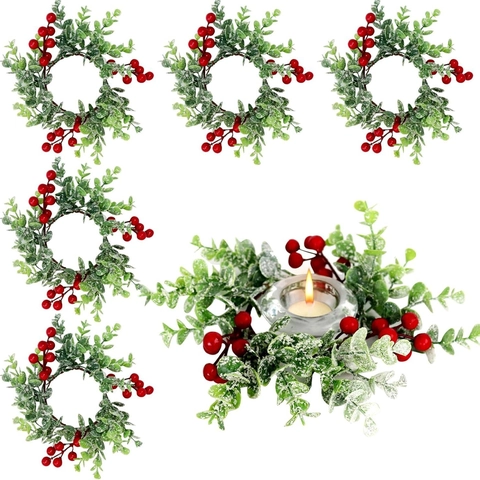Artificial Christmas Berry Candle Ring Frosted Eucalyptus Leaves Wreath Winter Holiday Home Table Centerpiece Decor