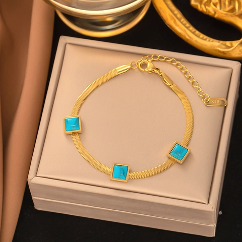 Collana Con Pendente in Turchese Quadrato in Acciaio al Titanio da Donna Oro Catena a Serpente Bohemien Gioielli di Moda Braccialetto