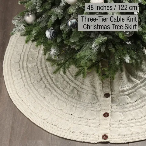 Cable Knit Christmas Tree Skirt Acrylic Yarn With Wooden Buttons Round Decorative Holiday Floor Mat Rustic Style