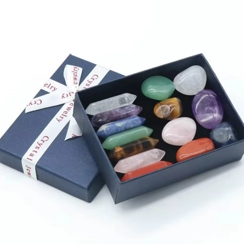 Natürliche Kristallsteine Mineralienproben Geschenkbox Amethyst Rosenquarz Hexagonale Punkte Trommelsteine Für Meditation Heilung Dekor