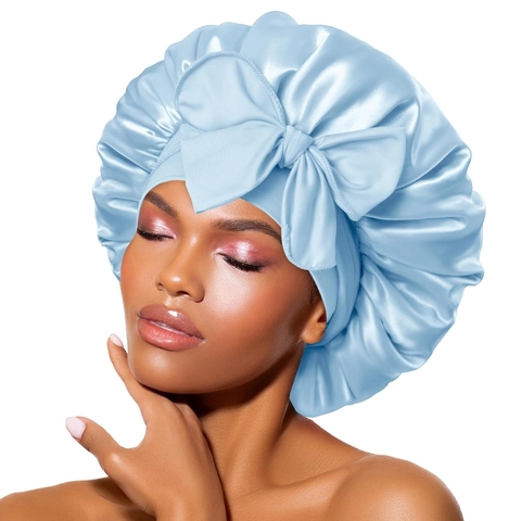 Women Satin Bonnet Sleep Cap With Large Bow Ribbon Hair Care Nightcap Wide Elastic Band Solid Color Sleeping Hat