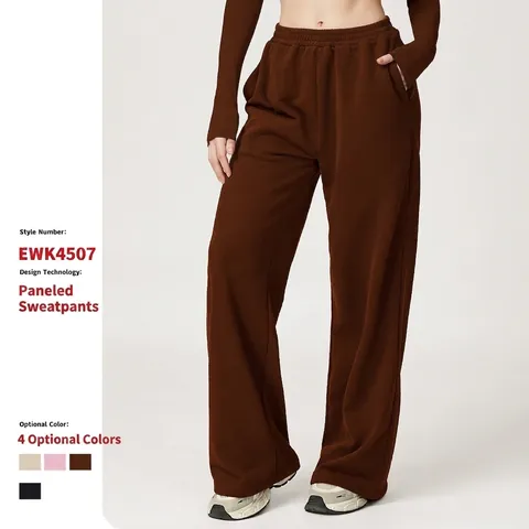Pantalon De Jogging Femme Taille Haute Jambe Large Ample Droit Sport Course Mélange De Coton