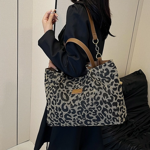 Leopard Houndstooth Checkered Canvas Tote Bag Large Capacity PU Leather Strap Metal Chain Retro Style Women Bag