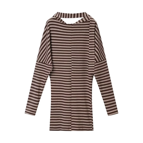 Gestreiftes Strick Mini Kleid Langarm Schulterfrei Mit Schal Detail Rückenausschnitt Schlankheits Effekt Mode Für Damen