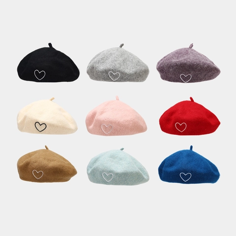 Women Wool Beret Hat With Heart Embroidery French Style Retro Painter Cap Warm Autumn Winter Elegant Accessories Chic