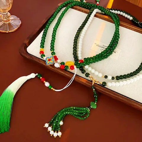Long Beaded Necklace With Imitation Artificial Pearl Glass Beads Crystal Enamel Cloisonne Tassel Vintage New Chinese Style Women