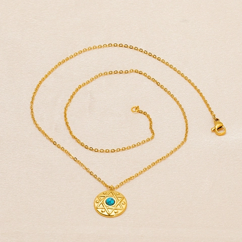 Hexagram Pendant Necklace 18K Gold Plated Stainless Steel With Turquoise Round Celestial Vintage Jewelry For Unisex
