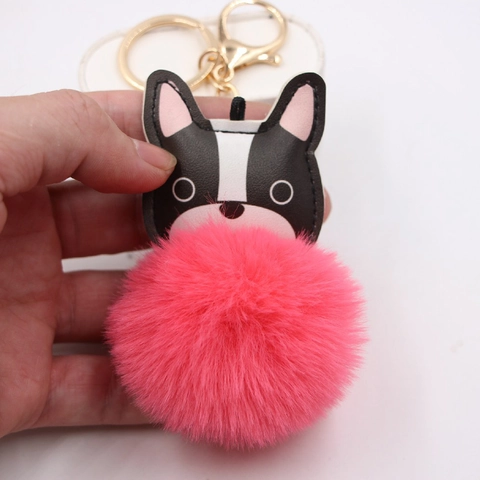 Portachiavi Bulldog Francese Carino Pompon In Pelliccia Sintetica Pelle PU Cane Accessorio Per Borsa