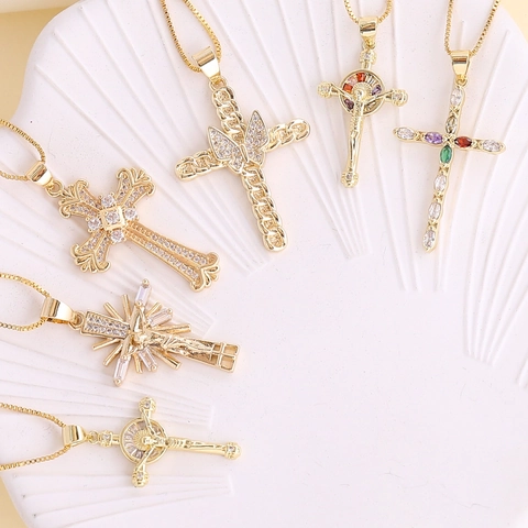 Collana Con Ciondolo A Croce Rame Zircone Strass Religioso Gesù Hip Hop Gioielli Per Uomini E Donne