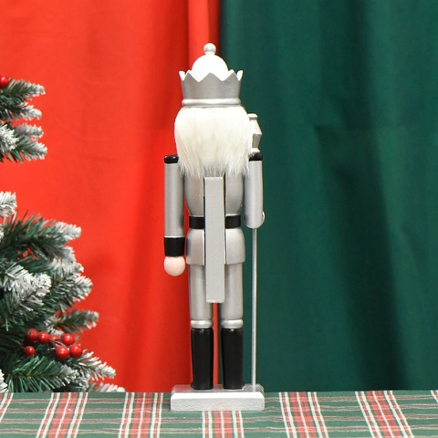 Casse-Noisette Roi Soldat En Bois Argenté Peint À La Main Avec Sceptre Couronne Décoration De Noël Festive Ornement De Bureau Artisanat