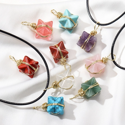 Collana Pendente Merkaba Cristallo Naturale Pietra Preziosa Filo Dorato Avvolto Gioielli Guarigione Spirituale Fatti Mano