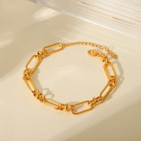 Pulsera De Cadena De Acero Inoxidable Bañado En Oro 18K Nudo Eslabón Ovalado Estilo Industrial Para Mujeres