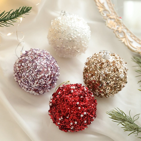 Sparkling Christmas Ball Ornament Sequins Faux Artificial Pearls Foam Hanging Tree Decor Festive Holiday Party Decoration