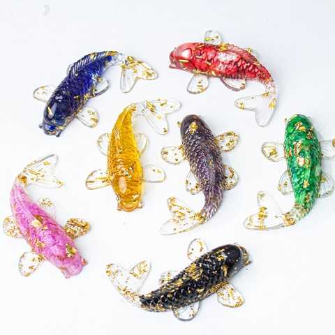 Koi Fish Figurine Natural Crystal Stone Resin Gold Foil Handmade Desktop Car Decor Lucky Animal Miniature Sculpture