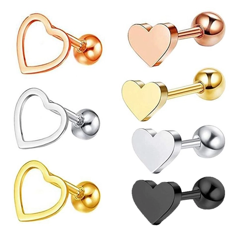 Heart Stud Earrings Stainless Steel Hollow Solid Design Screw Back Helix Cartilage Piercing Jewelry Simple Sweet Minimalist