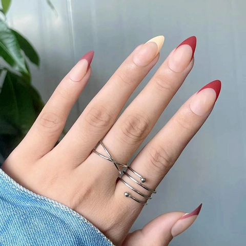 French Tip Press On Nails Matte Almond Shape Plastic Artificial Fingernails DIY Manicure Red Nude Elegant Style