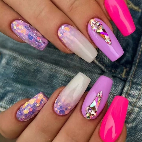 Faux Ongles À Presser Longue Forme Cercueil Dégradé Rose Pourpre Avec Strass Paillettes Résine Brillante Pour Femmes