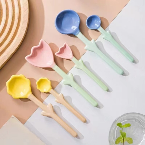 Cucchiaio In Ceramica Fiore Tulipano Manico Lungo Creativo Caffè Dessert Gelato Stoviglie Stile Carino