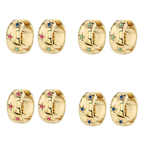 Star Engraved Huggie Hoop Earrings Gold Plated Copper Colorful Zircon Inlaid Geometric Chic Jewelry For Women Sparkle